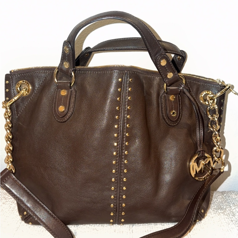 Michael Kors Brown Leather Studded Tote with Gold Hardware - Picture 2 of 6